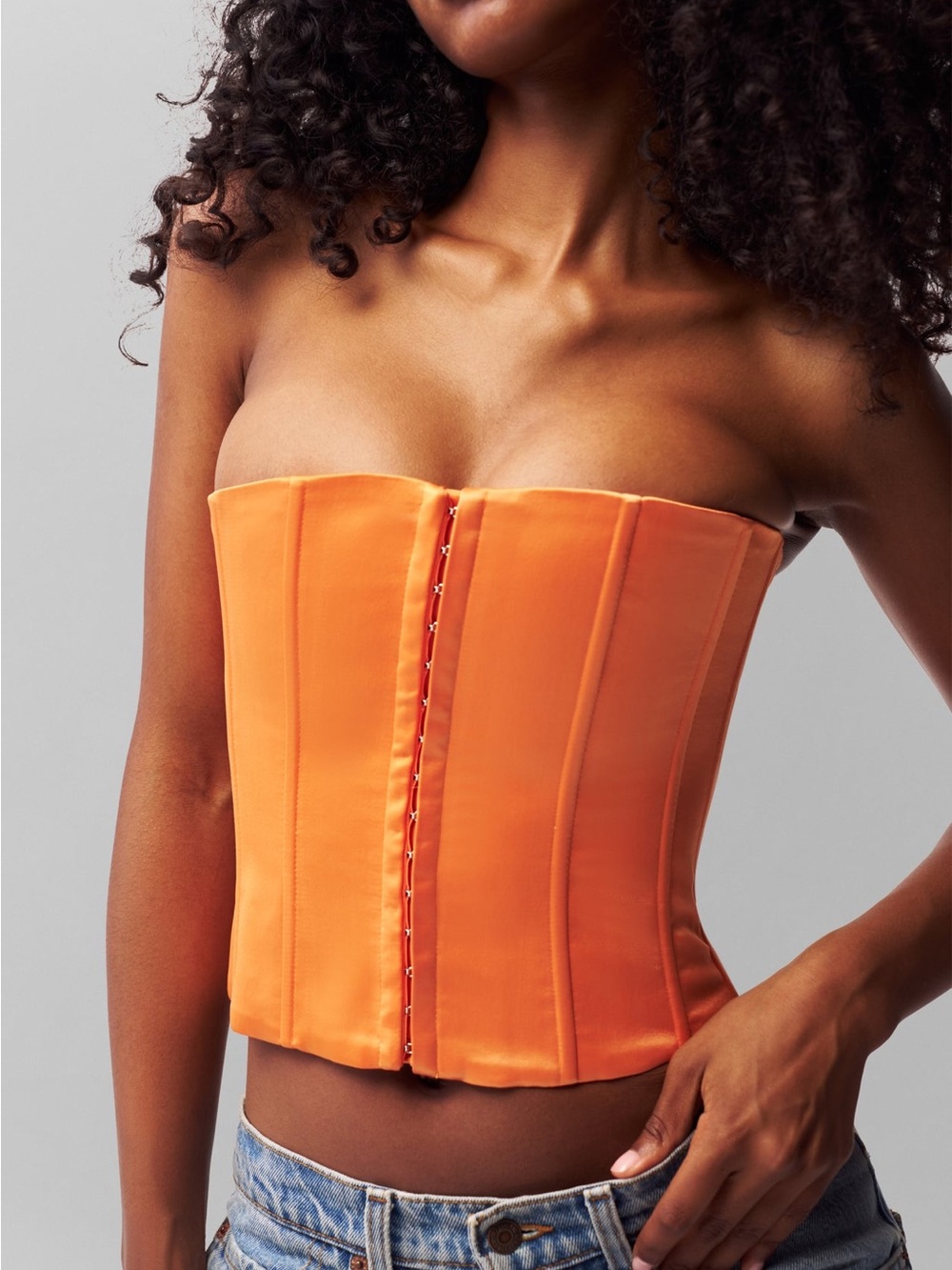 Strapless Orange Satin Corset Crop Top